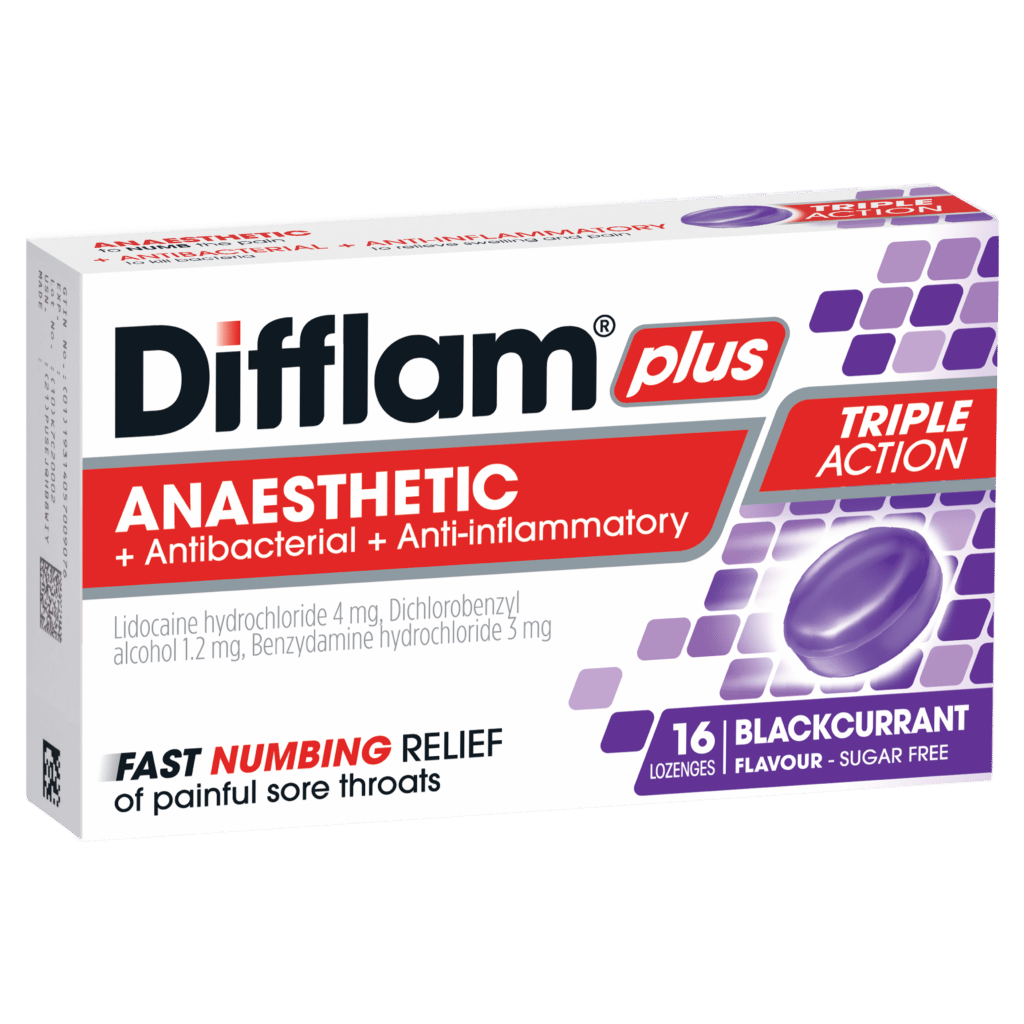 Difflam Plus Anaesthetic + Antibacterial + Anti-Inflammatory Blackcurrant Lozenges 16