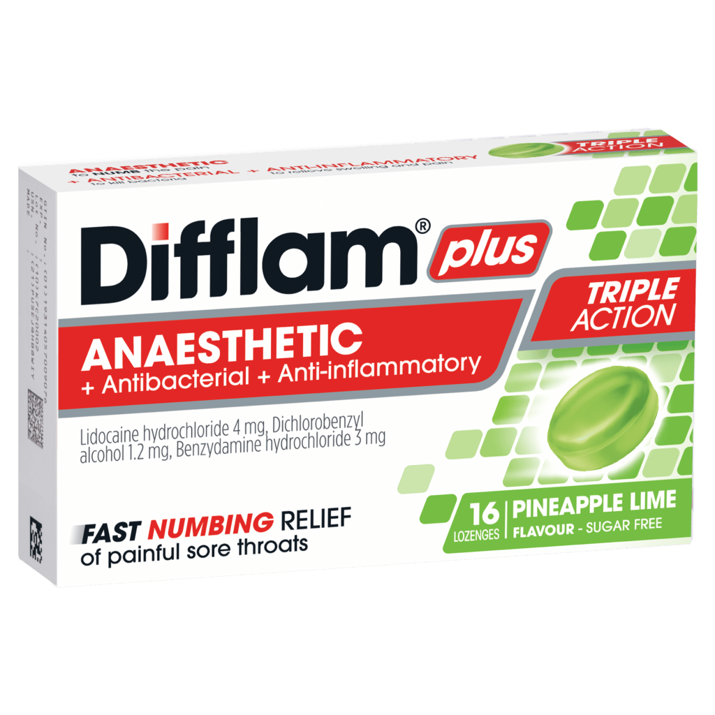 Difflam Plus Anaesthetic + Antibacterial + Anti-Inflammatory Pineapple Lime Lonzenges 16