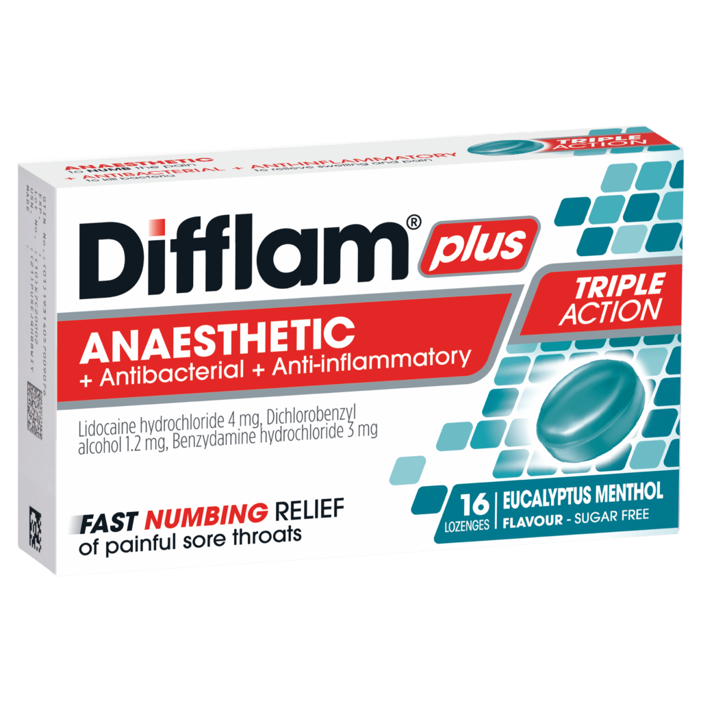 Difflam Plus Triple Action Anaesthetic + Antibacerial + Anti-Inflammatory Eucalyptus Menthol Lozenges 16