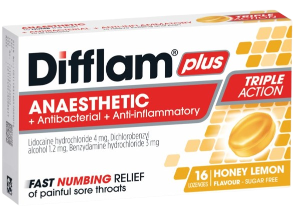 Difflam Plus Anaesthetic + Antibacterial + Anti-Inflammatory Honey Lemon Lozenges 16