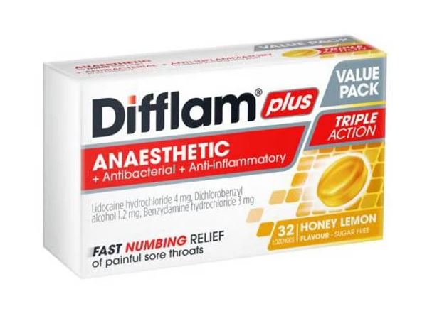 Difflam Plus Anaesthetic + Antibacterial + Anti-Inflammatory Honey Lemon Lozenges 32