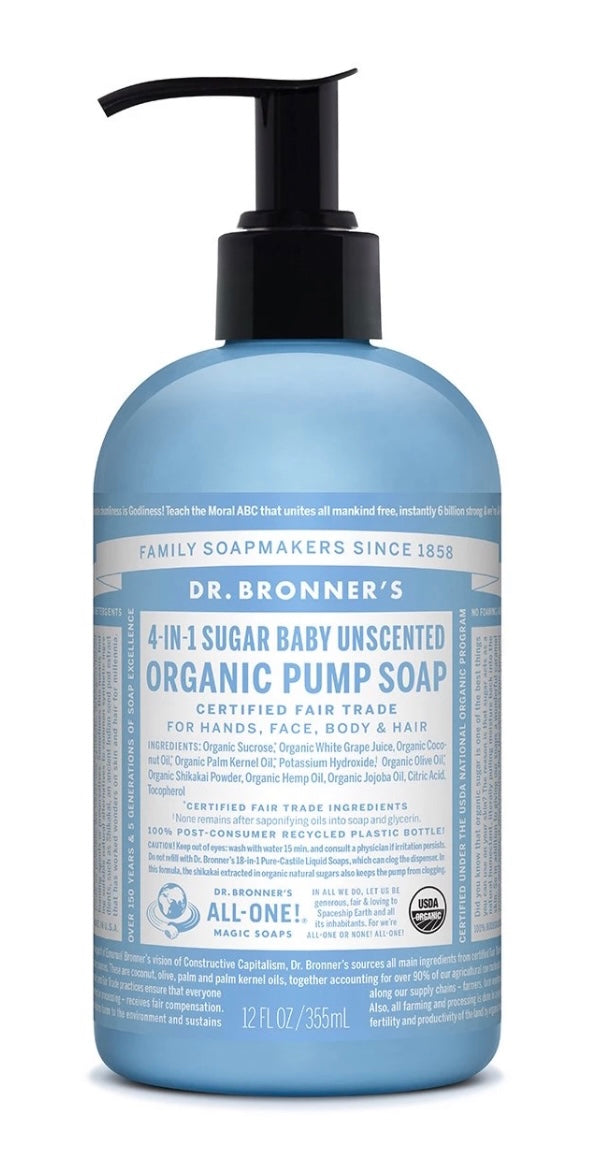 Dr Bronner's 4-in-1 Baby Unscented Organic Sugar Soap 355ml