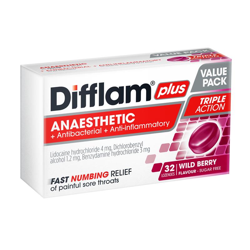 Difflam Plus Anaesthetic + Antibacterial + Anti-Inflammatory Wild Berry Lozenges  32