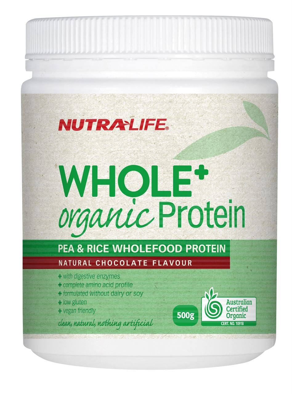 Nutra-Life Whole+ Organic Protein - Pea & Rice Wholefood Protein (Natural Chocolate Flavour) 500g