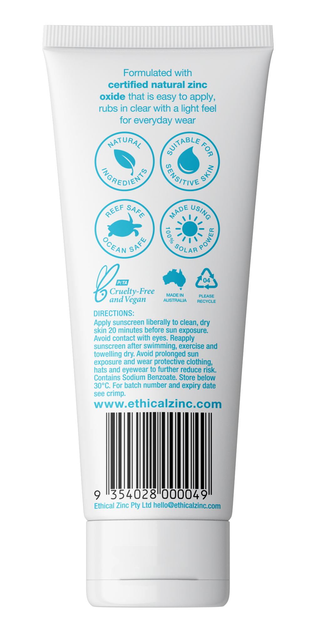 Ethical Zinc SPF50+ Daily Wear Light Sunscreen 100g Back